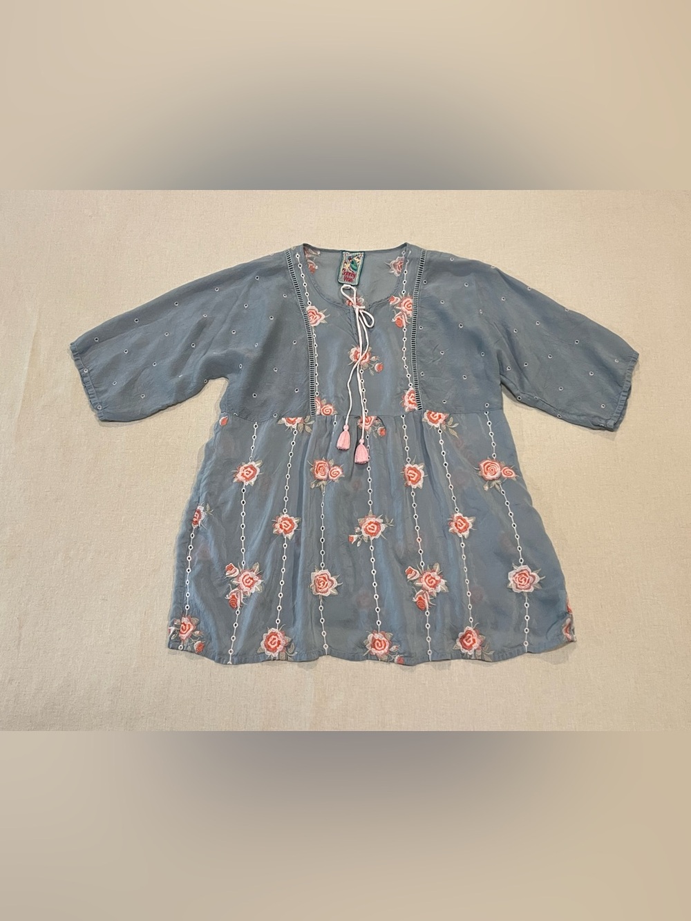 Johnny Was Embroidered Feminine Tunic Slate Blue Cupra Rayon Pink Floral Small - Picture 2 of 13